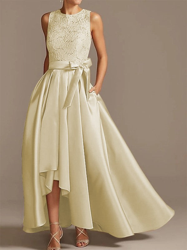 Nobile abito da sposa asimmetrico con cintura in raso a forma di A, cintura in nastro con applicazioni, senza maniche, rotondo basso, per la madre della sposa