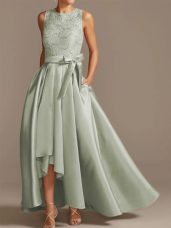 Nobile abito da sposa asimmetrico con cintura in raso a forma di A, cintura in nastro con applicazioni, senza maniche, rotondo basso, per la madre della sposa
