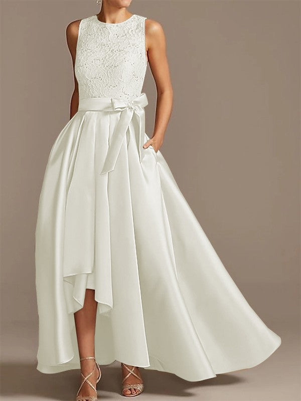 Nobile abito da sposa asimmetrico con cintura in raso a forma di A, cintura in nastro con applicazioni, senza maniche, rotondo basso, per la madre della sposa