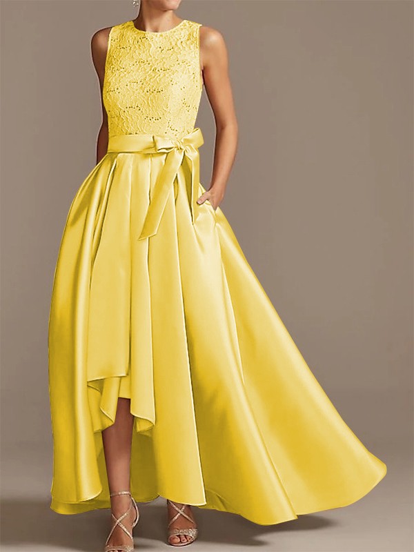 Noble A-shaped Princess Satin Belt, Ribbon Belt Applique Low Round Sleeveless Asymmetric Bride Mother of the Bride Dresses
