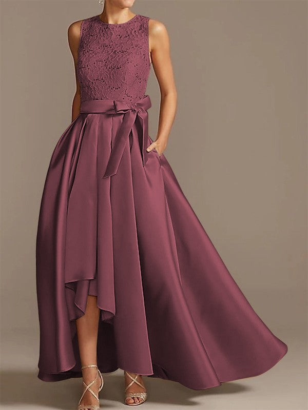 Nobile abito da sposa asimmetrico con cintura in raso a forma di A, cintura in nastro con applicazioni, senza maniche, rotondo basso, per la madre della sposa