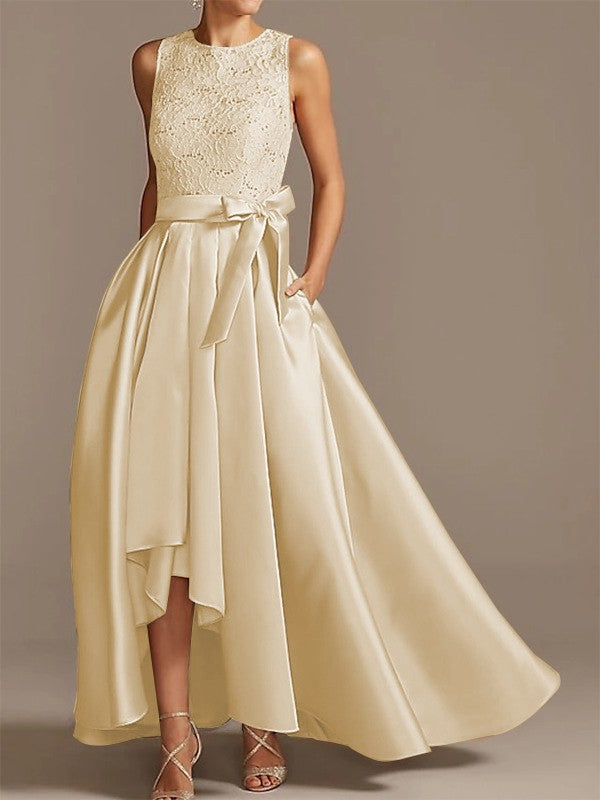 Nobile abito da sposa asimmetrico con cintura in raso a forma di A, cintura in nastro con applicazioni, senza maniche, rotondo basso, per la madre della sposa