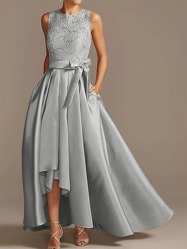 Nobile abito da sposa asimmetrico con cintura in raso a forma di A, cintura in nastro con applicazioni, senza maniche, rotondo basso, per la madre della sposa