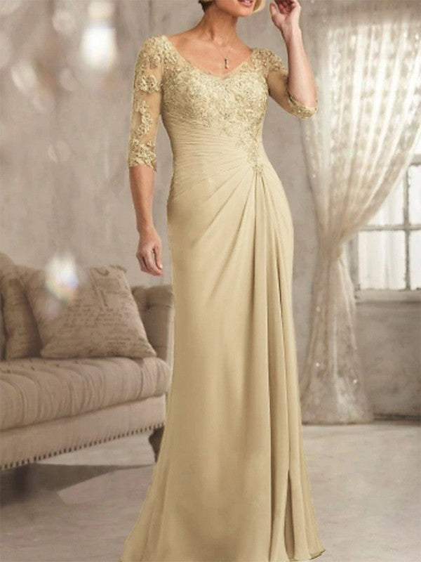 Noble tight fitting chiffon applique V-neck 1/2 sleeve and floor length style Mother of the Bride Dresses