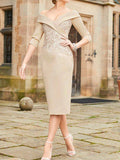 Champagne Satin Sheath/column Knee-Length Dress with Draped Off-the-Shoulder Neckline and Lace Bodice