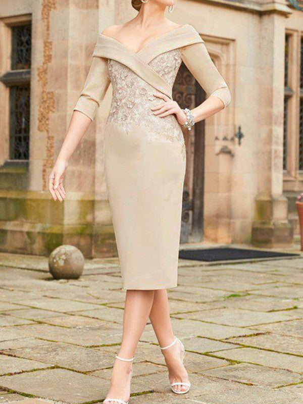 Champagne Satin Sheath/column Knee-Length Dress with Draped Off-the-Shoulder Neckline and Lace Bodice