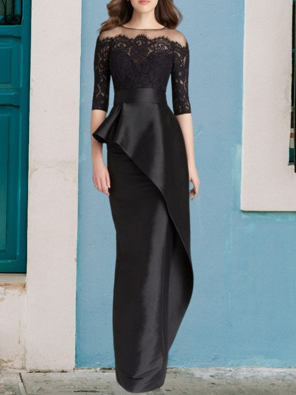 Black Lace Sheath/column Floor-Length Evening Dress with Lace Bodice & Asymmetrical Peplum