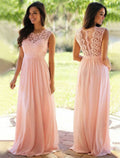 Blushing Pink A-Line Floor-Length Bridesmaid Dress with Lace Bodice & Illusion Back