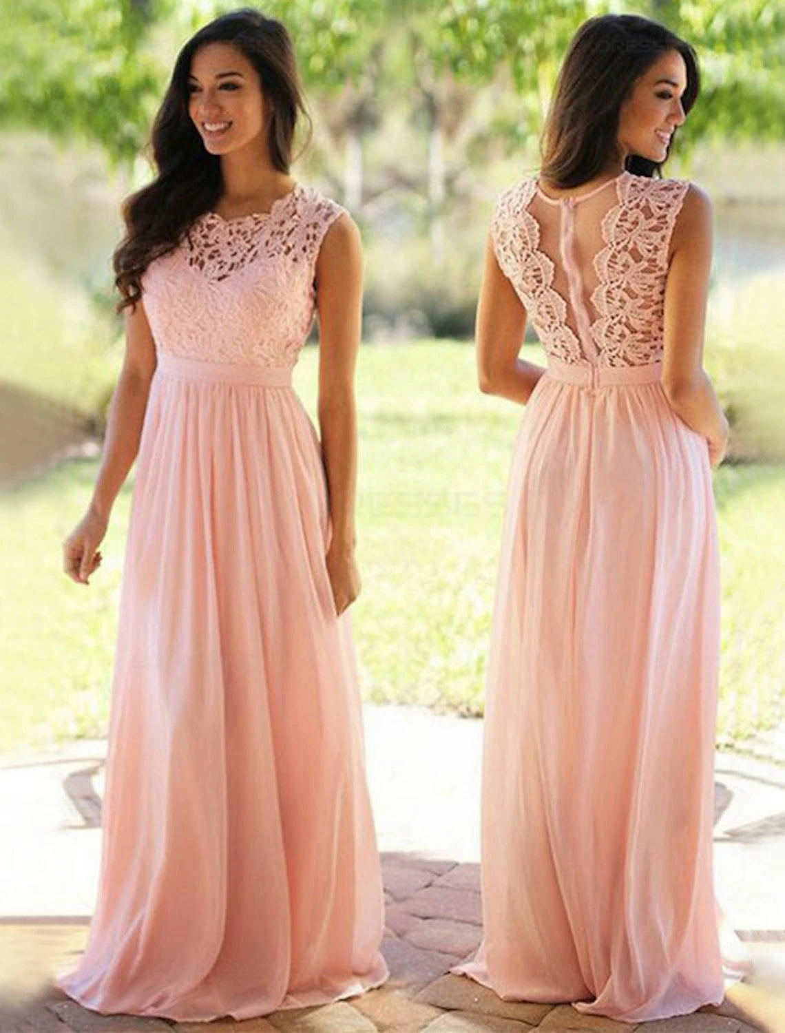 Abito da damigella d'onore a trapezio, con scollo gioiello, senza maniche, elegante, lungo fino al pavimento, in chiffon/pizzo con fascia/nastro/pieghe