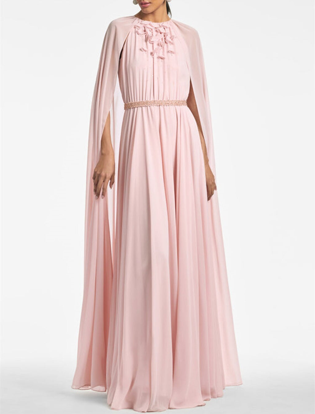 Abito da sera a trapezio, elegante, da cerimonia, lungo fino al pavimento, senza maniche, con scollo gioiello, in chiffon con strass