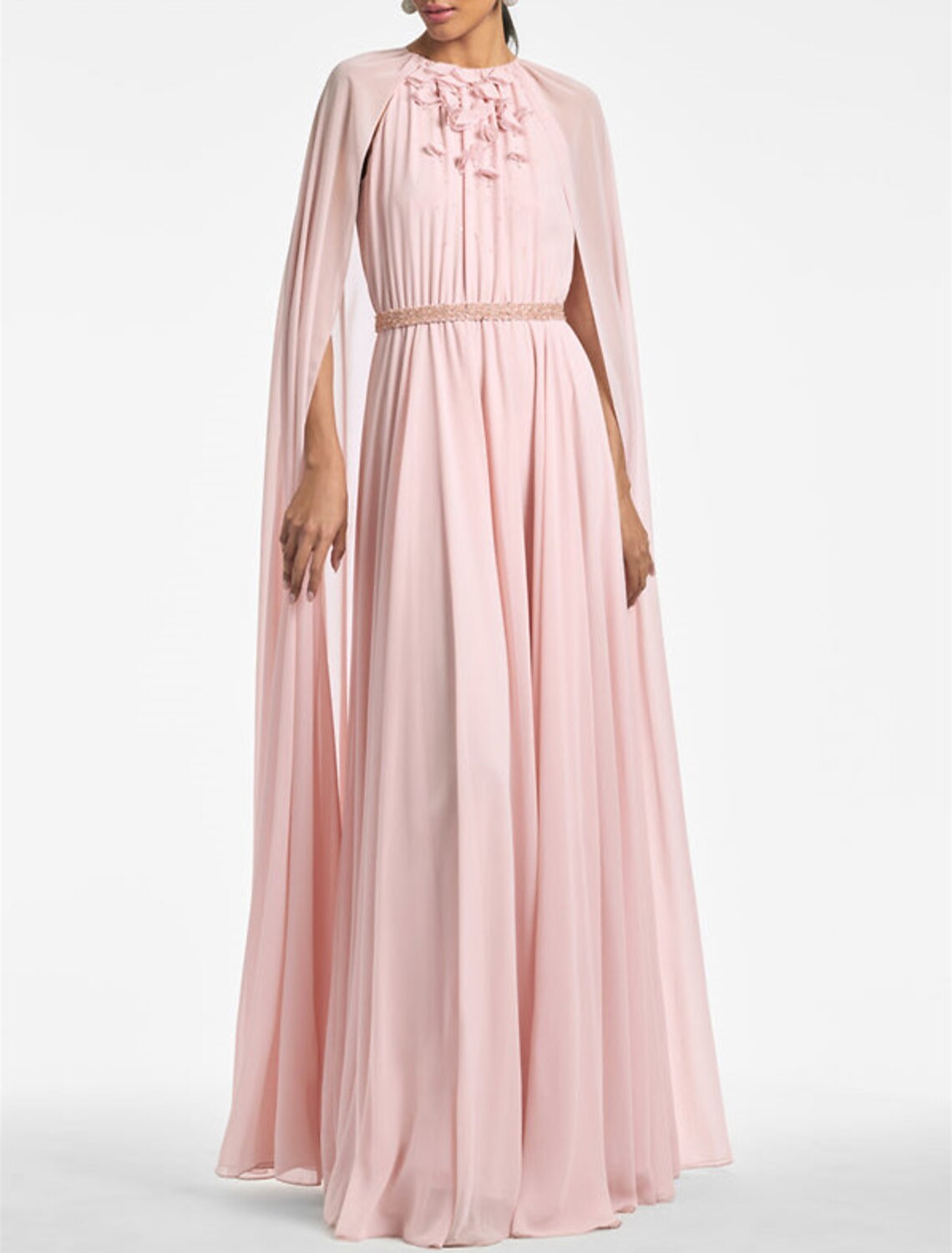 Blushing Pink Chiffon A-Line Floor-Length Dress with Pleated High Neck and Integrated Cape