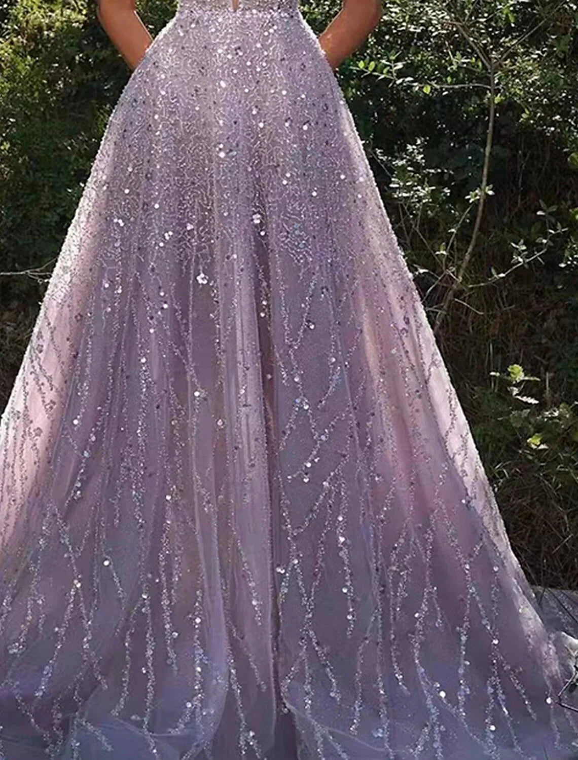 Lavender Tulle A-Line Floor-Length Gown with Plunging V-Neck, Ruffled Shoulders & Sequin Embellishment