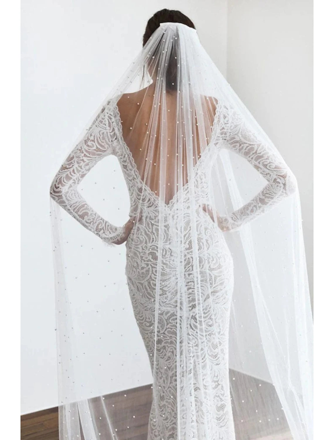Jimiss - Vestido de novia de una sola capa estilo retro/perla con velo catedral y perla falsa Vestido transparente de 110,24 pulgadas (280 cm) que dejará una profunda impresión en 2025