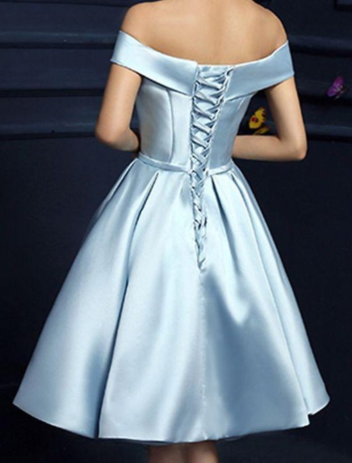 A-Line Vintage Engagement Knee Length Sleeveless Off Shoulder Satin with Pleats Homecoming Dress