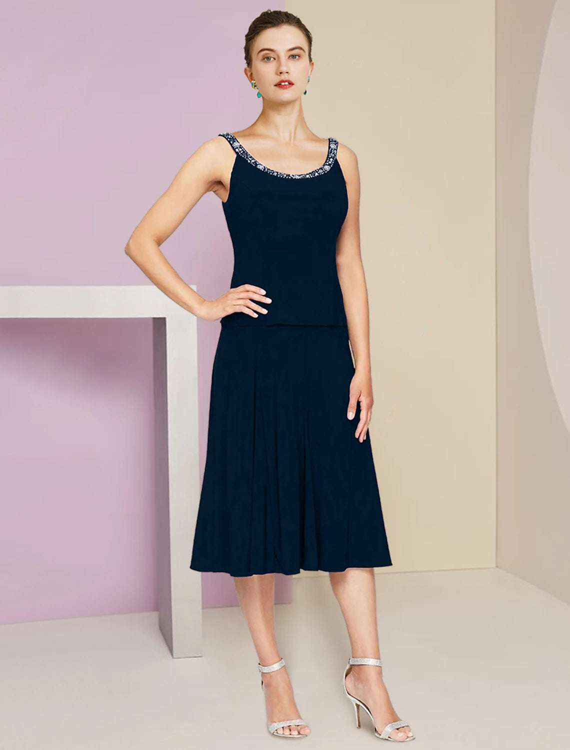 Dark Navy Crepe A-Line Tea-Length Evening Dress with Embellished Keyhole Neckline and Pleated Skirt