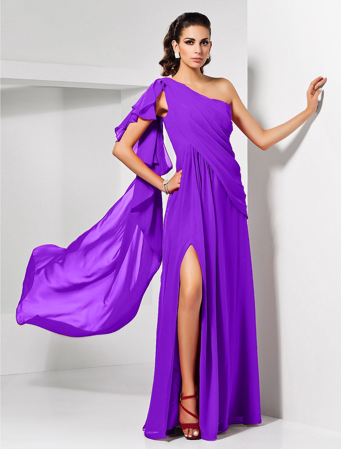 Red Chiffon A-Line Floor-Length Dress with One Shoulder & High Slit