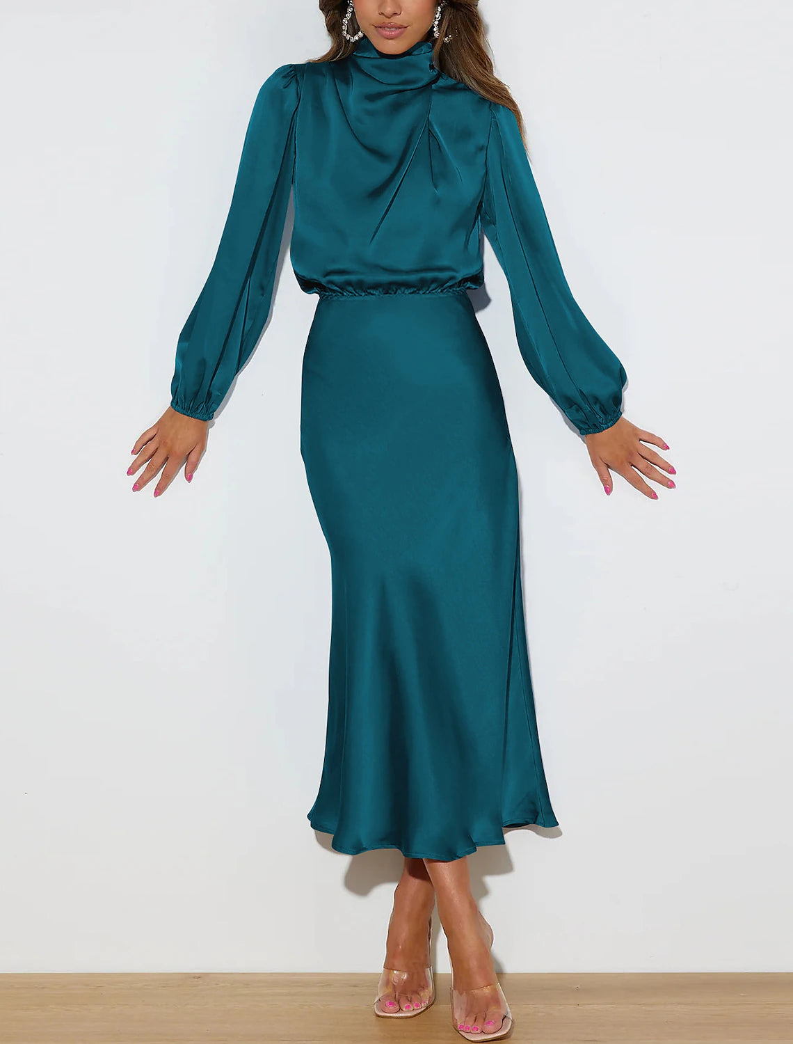 Champagne Green Pink Mermaid / Trumpet Party Dresses Vintage Dress Birthday Ankle Length Long Sleeve High Neck Fall Wedding Reception  Satin