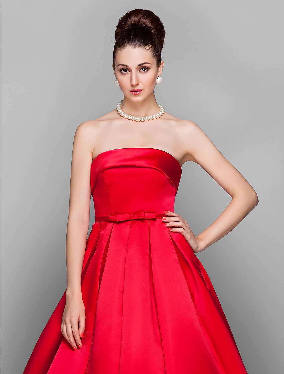 Vestido elegante de quinceañera para fiesta, largo hasta el suelo, sin mangas, sin tirantes, de satén con lazo(s)