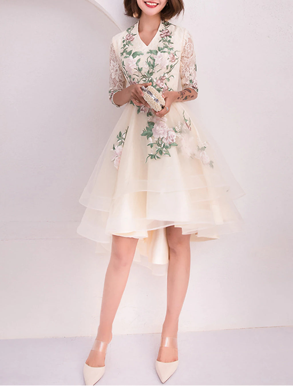 Ivory Floral Embroidered High-Low A-Line Dress - Bridesmaid, Cocktail & Wedding Guest