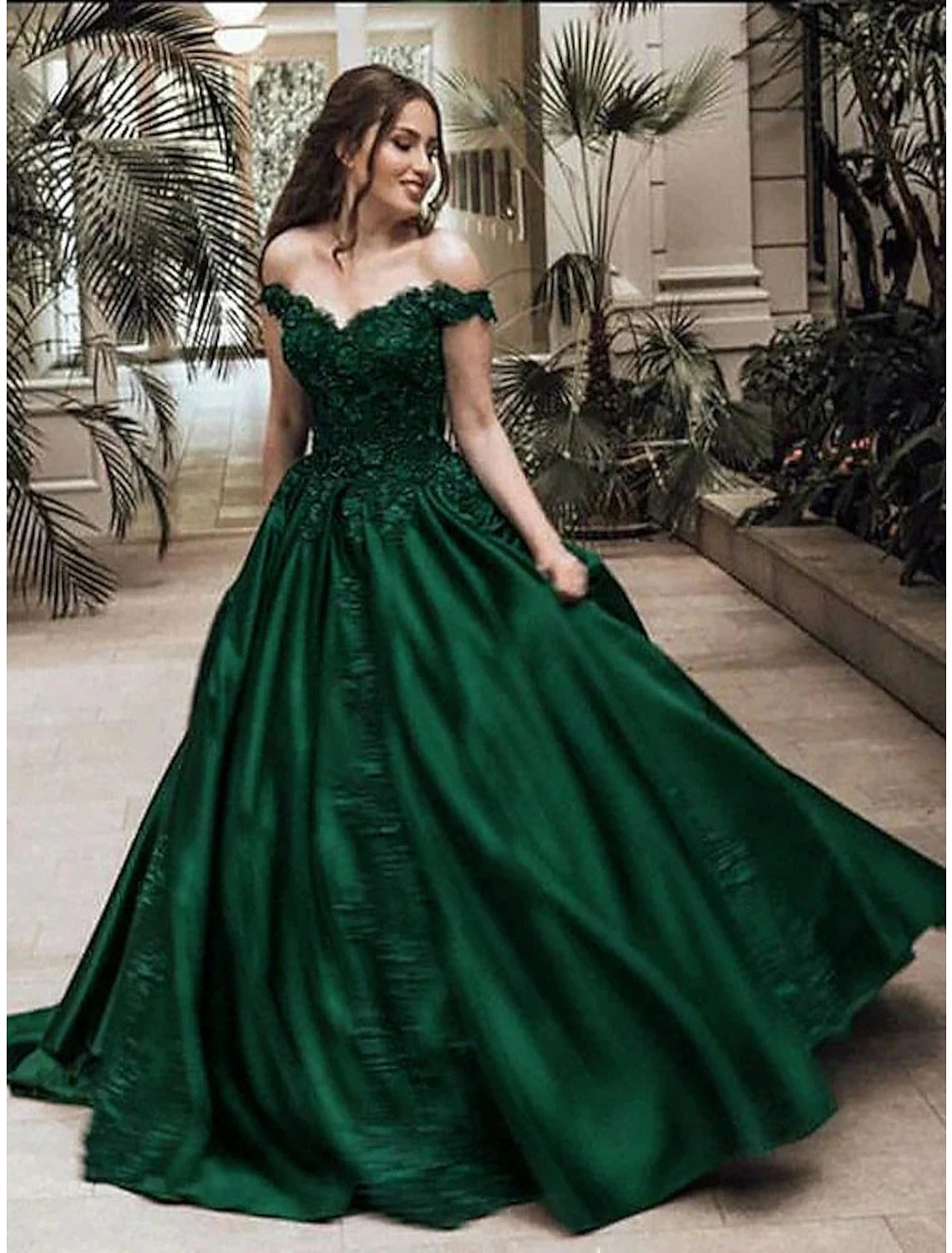 Emerald Satin Off-the-Shoulder Ball Gown Floor-Length Evening Dress