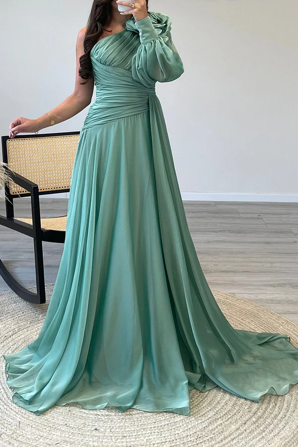 Mint Green One Shoulder Chiffon A-Line Floor-Length Evening Gown