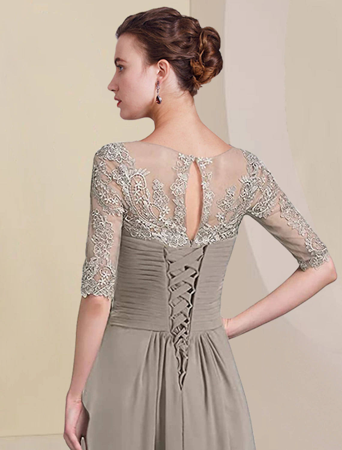 Vestido de dos piezas de corte A para madre de la novia, elegante, formal, para invitada de boda, escote en V alto y bajo, asimétrico, largo hasta la rodilla, de gasa, con encaje, media manga, cruzado incluido, con apliques fruncidos