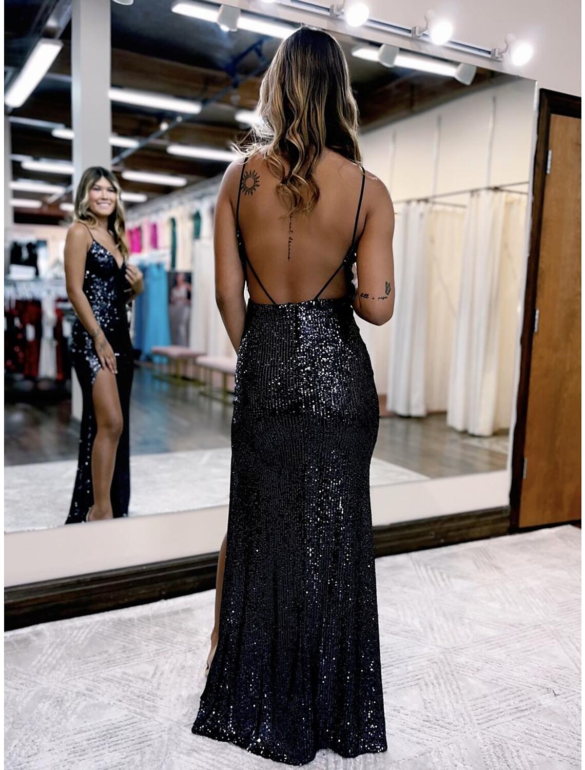 Black Sequin Sheath/Column Floor-Length V-Neck Dress with Criss-Cross Straps