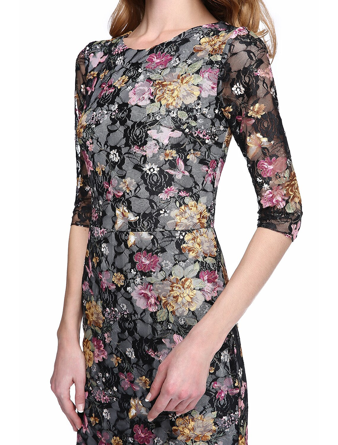 Vestido de madre de la novia con corte tubo/columna, floral, escote joya, corto/mini, encaje, media manga, sin mangas, con encaje