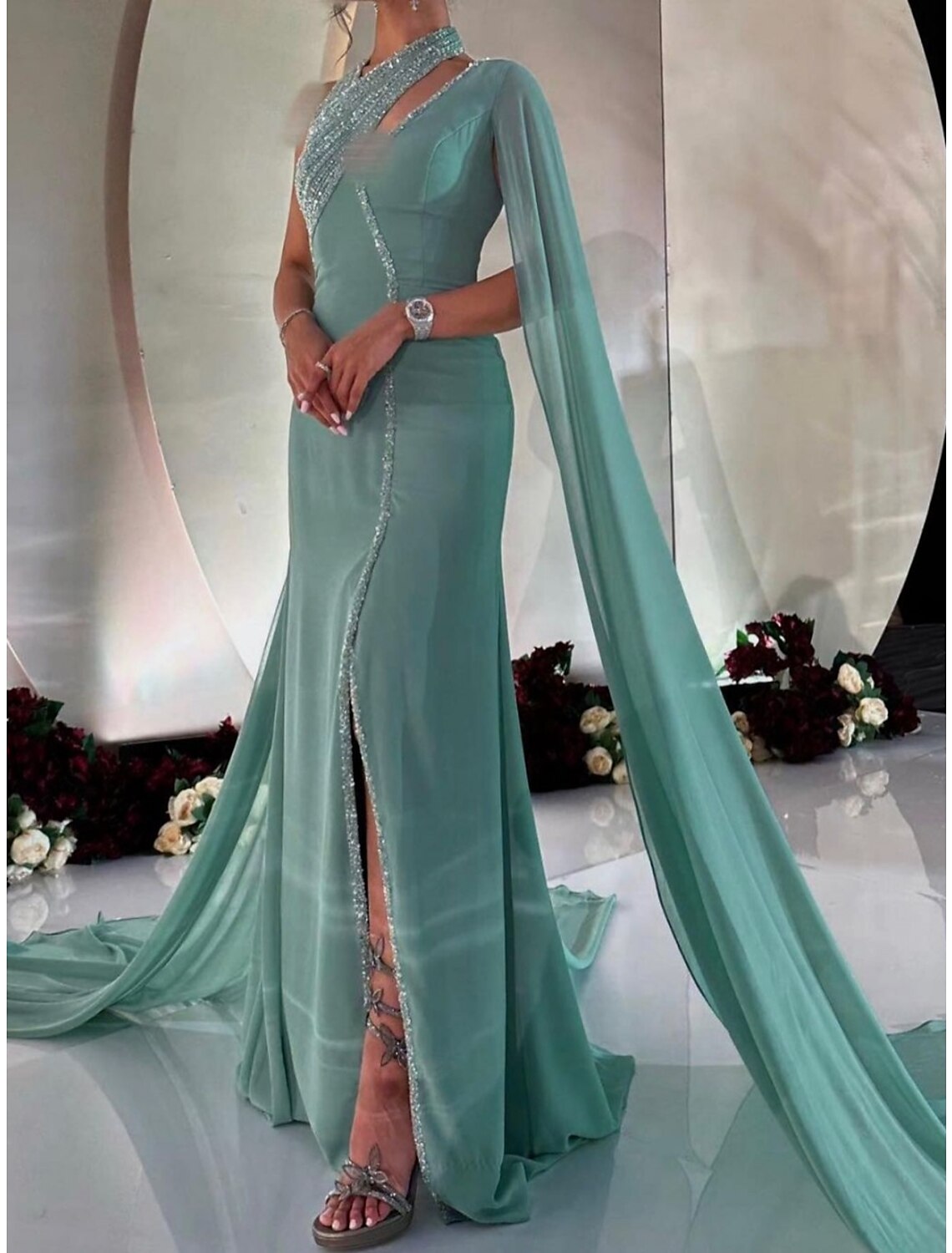 Mint Green V-Neck Asymmetrical Sequin Sheath/column Floor-Length Evening Dress