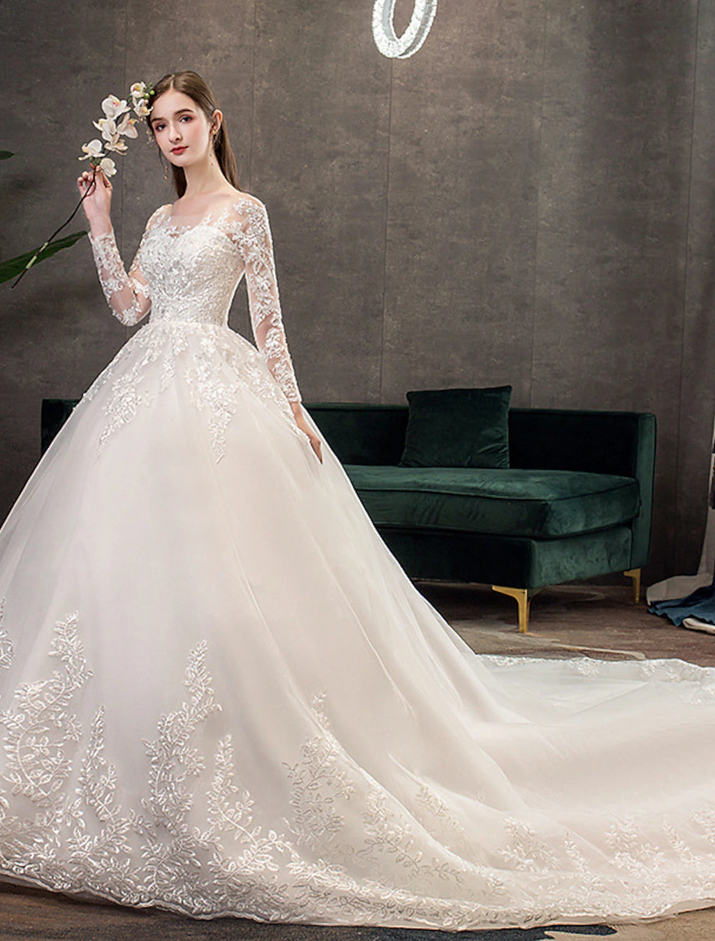 Ivory Lace Ball Gown Floor-Length Wedding Dress with Illusion Long Sleeves