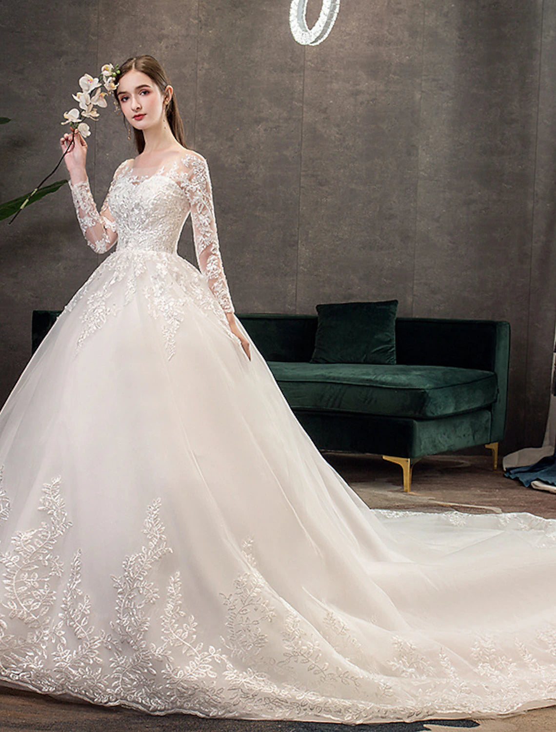 Vestidos de novia formales de compromiso, vestido de baile, cuello ilusión, manga larga, cola catedral, vestidos de novia de encaje con pliegues y apliques
