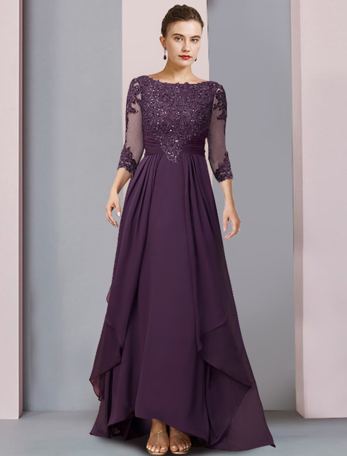 Vestido de Madre de la Novia con Corte Vaina/Columna, Formal, Fiesta, Elegante, Escote Redondo, Asimétrico, Gasa, Encaje, Manga 3/4, con Pliegues y Lentejuelas