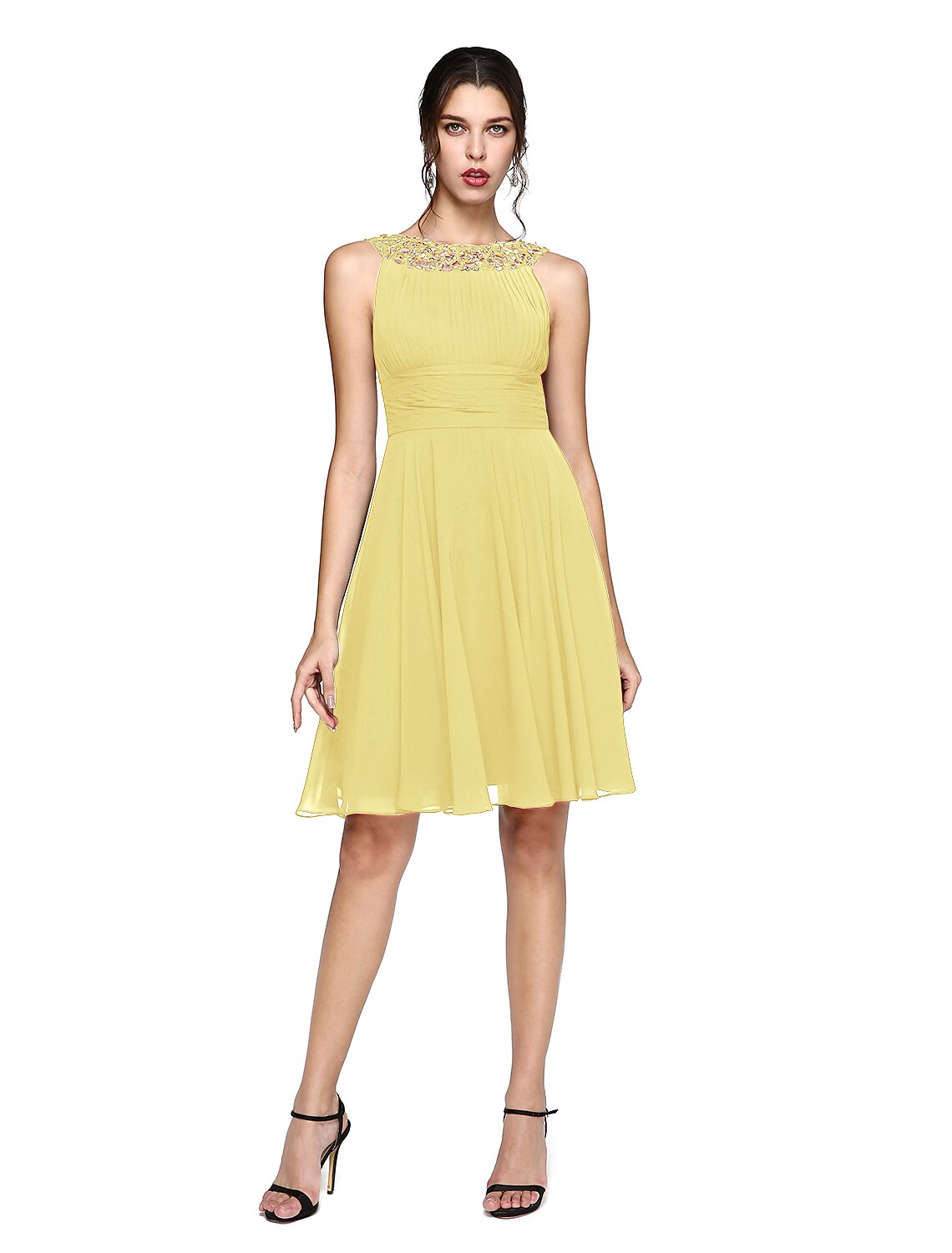 A-Line Cocktail Dresses Party Dress Wedding Guest Cocktail Party Knee Length Sleeveless Illusion Neck Chiffon with Ruched Sequin Lace Insert