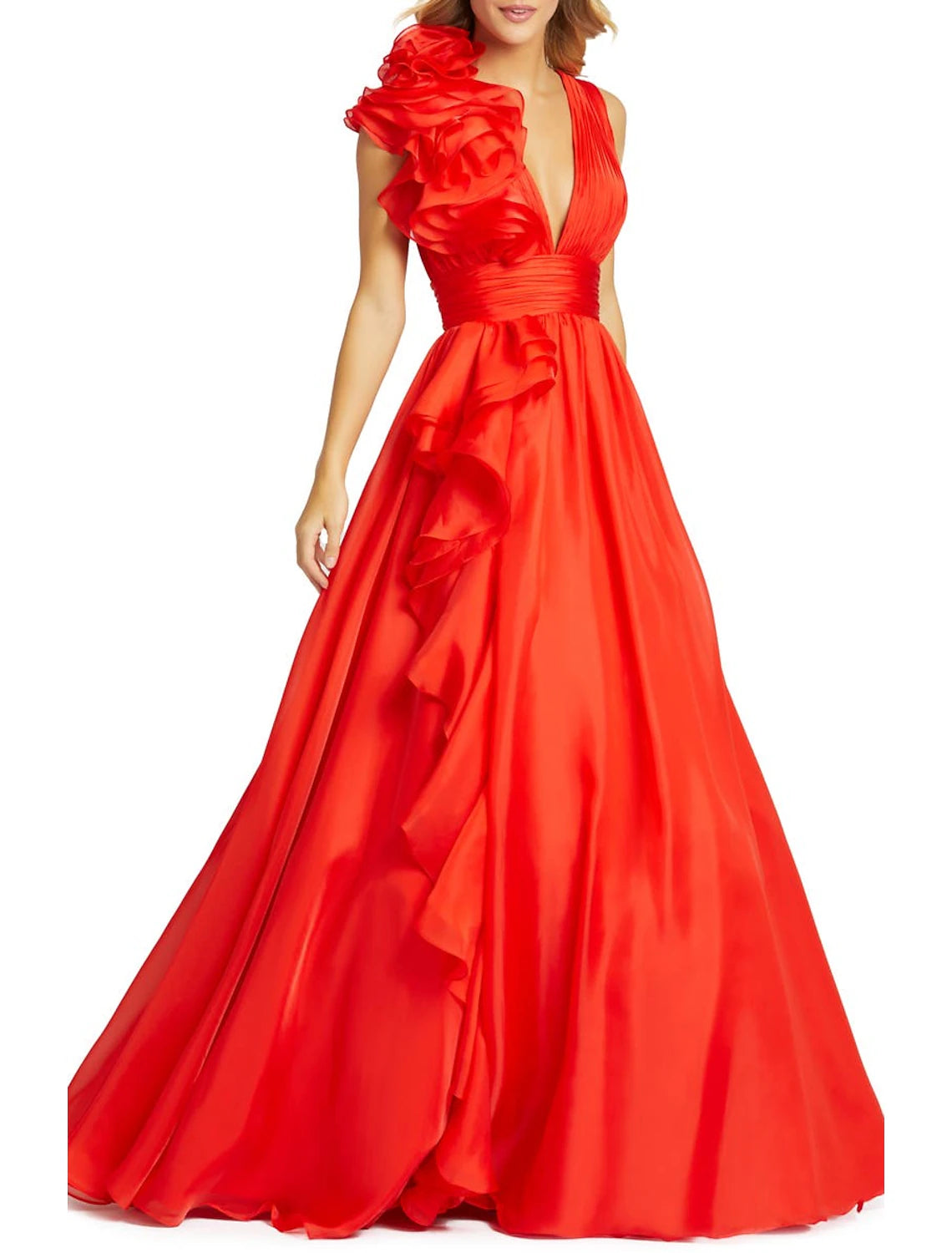 Vestido de noche estilo celebridad, corte en A, color rojo y verde, formal, para invitados de boda, largo hasta el suelo, sin mangas, escote en V, de gasa con abertura, color puro.