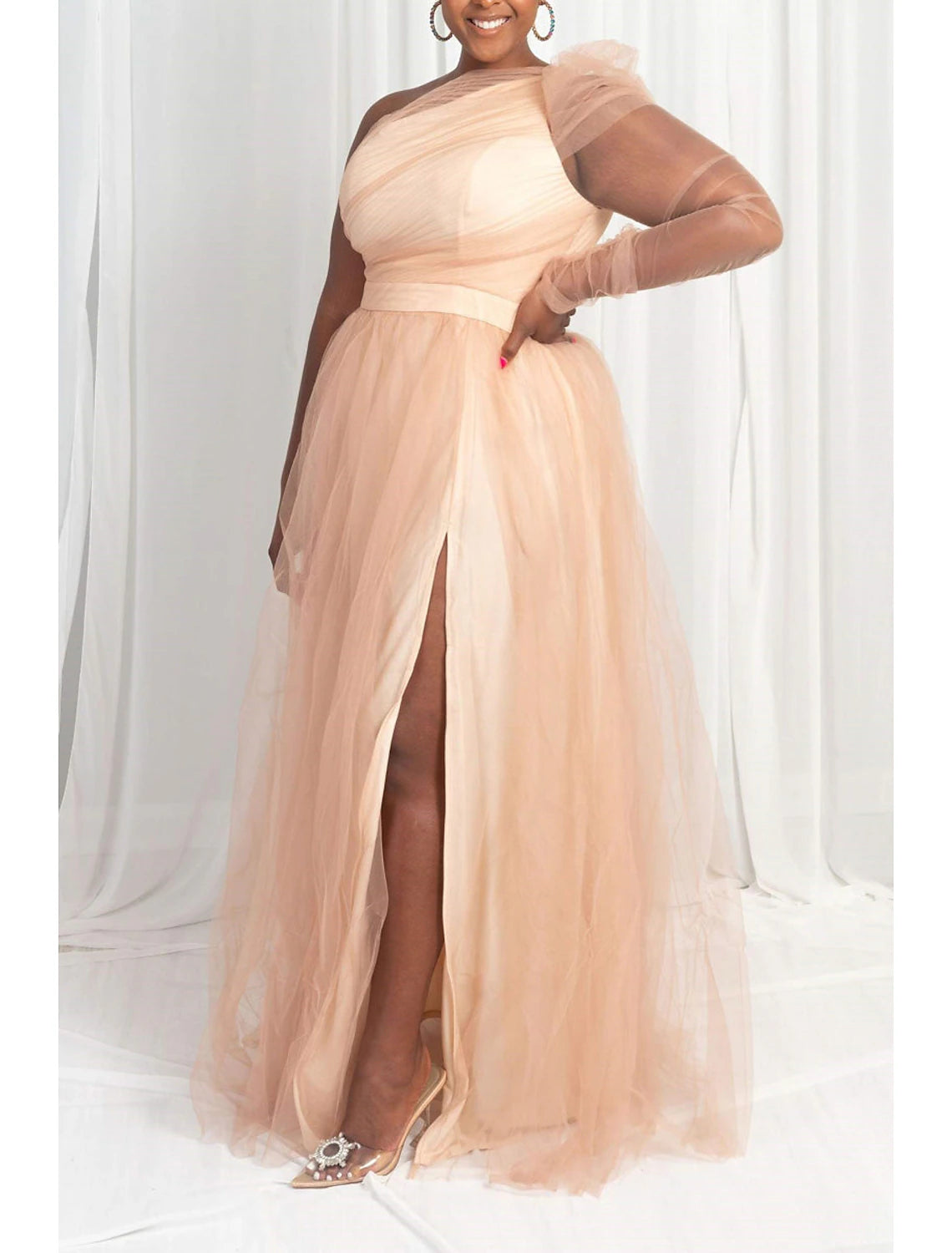 Vestidos de fiesta de corte A, talla grande, para invitados de boda, formales, de noche, con cola larga, de un solo hombro, de tul, con abertura, de la familia Addams, color puro