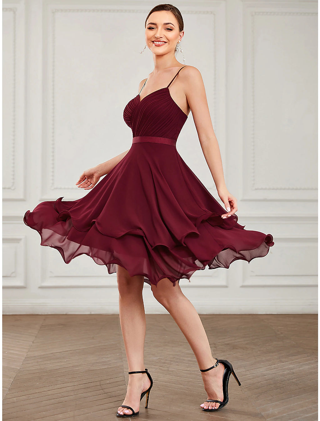 Burgundy Chiffon Sweetheart A-Line Short Dress with Ruffled Skirt