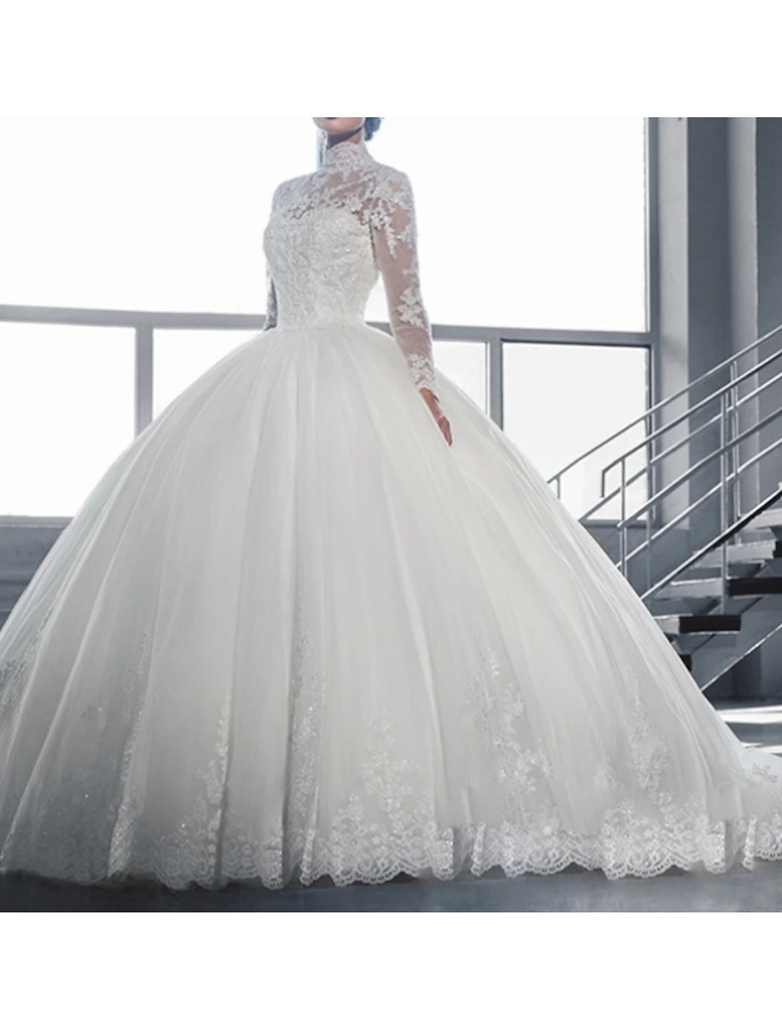 Vestidos de novia formales de compromiso, vestido de fiesta, cuello alto, manga larga, cola larga, vestidos de novia de encaje con apliques de cuentas