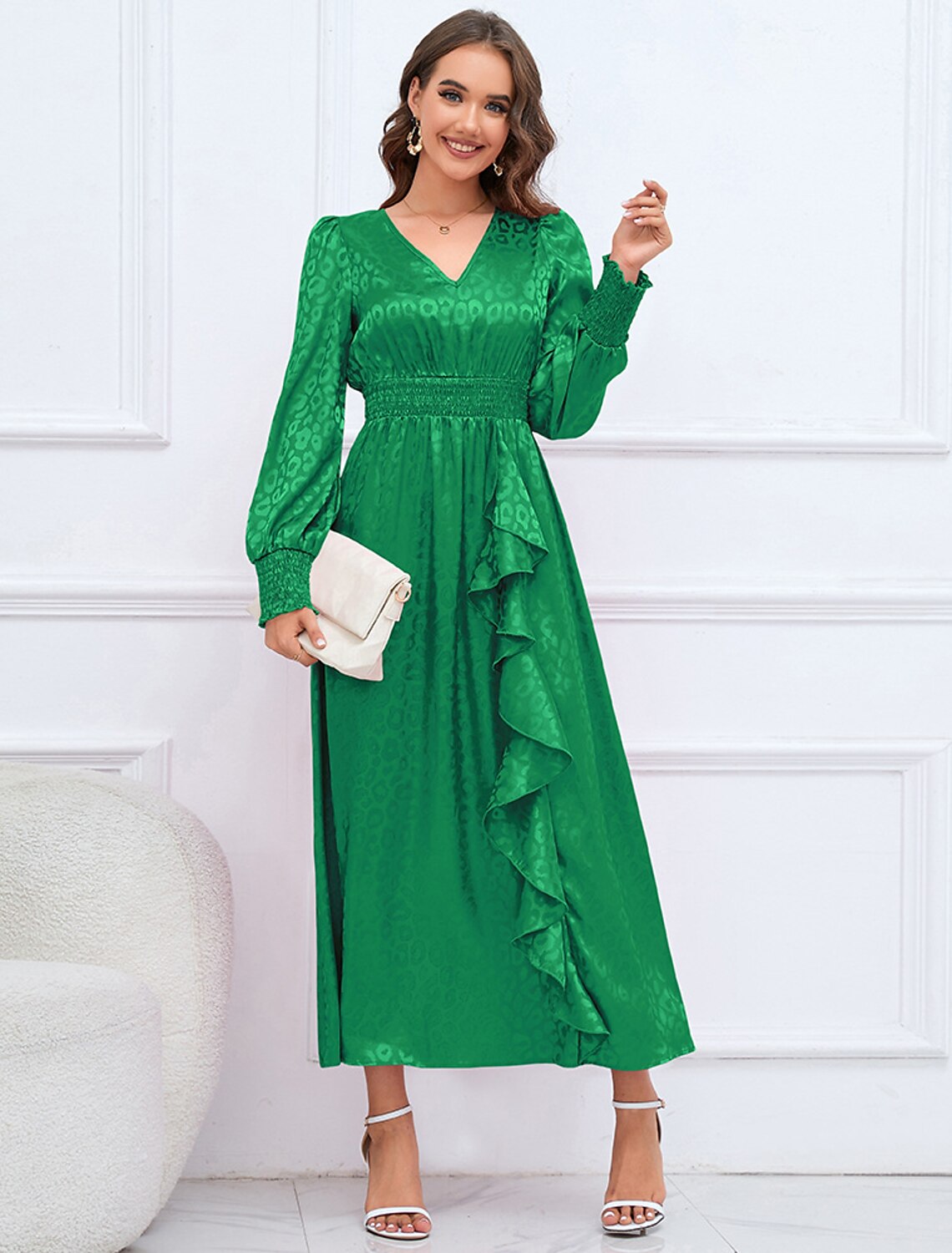 Royal Blue Satin A-Line Tea-Length Dress with Shirred Waist