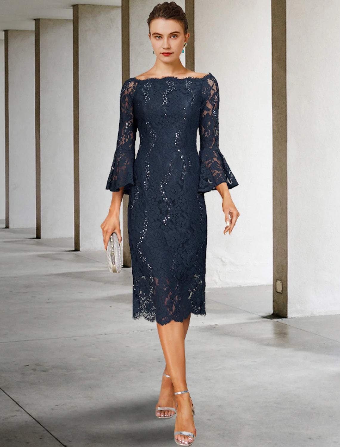 Dark Navy Off-the-Shoulder Lace Midi Dress with Bell Sleeves