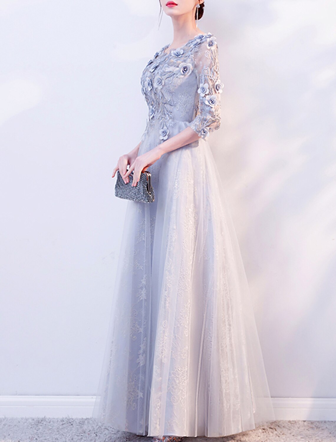 Abito da sera a trapezio, abito floreale, abito da cerimonia per invitati a nozze, lunghezza al pavimento, maniche a 3/4, scollo gioiello, tulle con applicazioni 2025