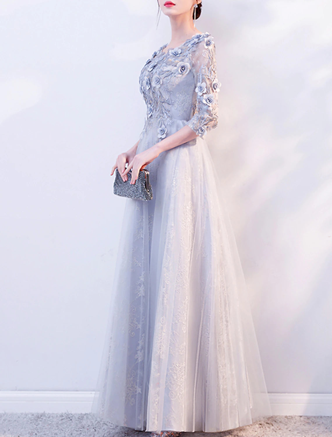 Abito da sera a trapezio, elegante, da invitato a nozze, da sera formale, lungo fino al pavimento, con maniche a 3/4, scollo gioiello, in tulle con applicazioni