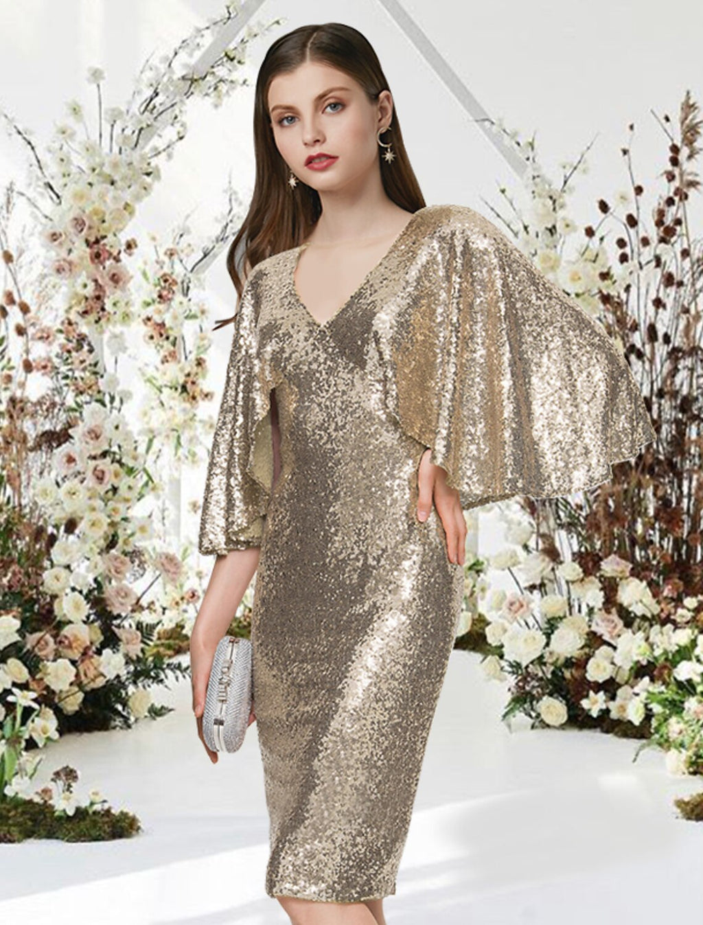 Vestidos de cóctel de tubo/columna Vestido brillante Fiesta de cóctel de graduación Hasta la rodilla Media manga Cuello en V Lentejuelas con elegante