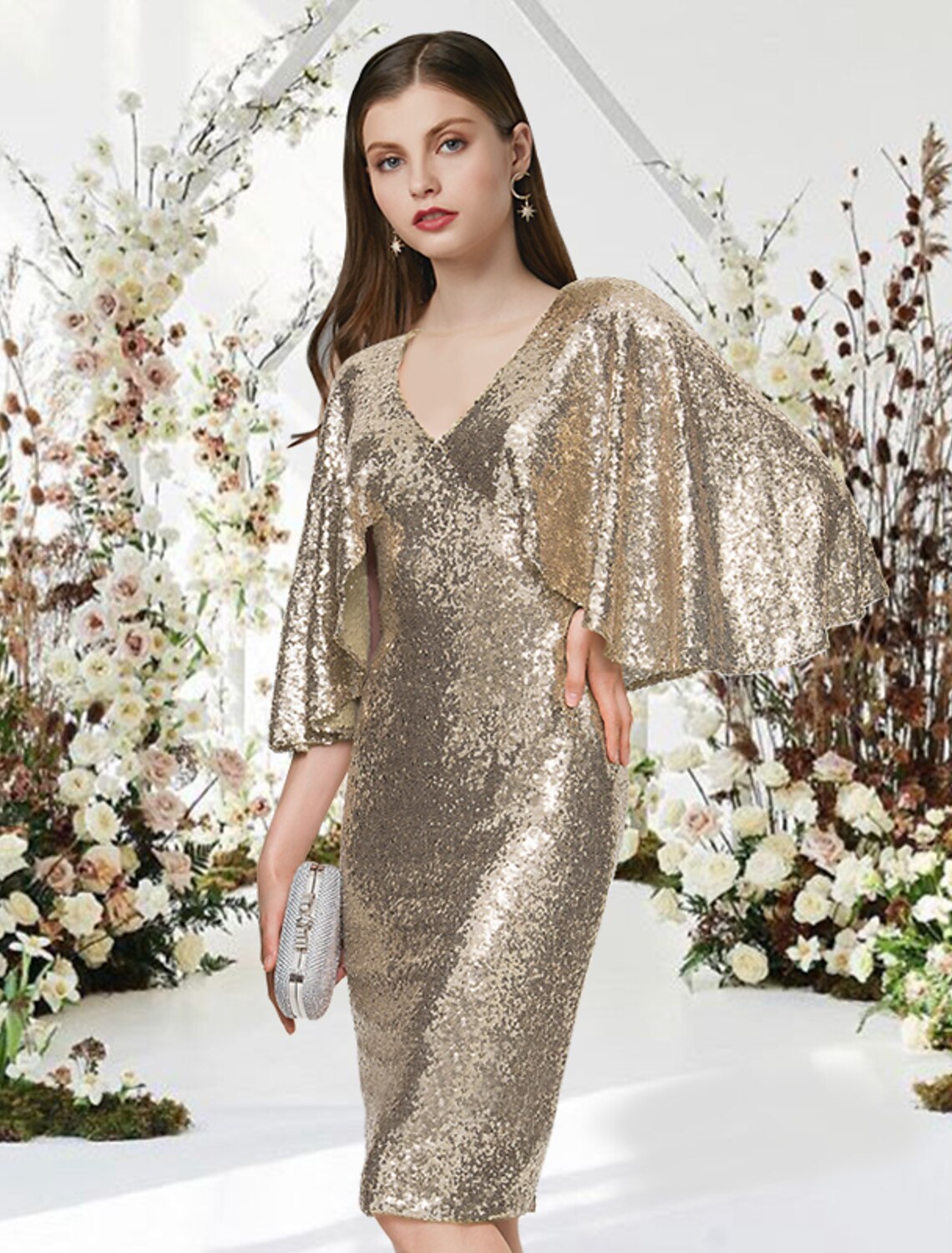 Vestidos de cóctel de tubo/columna Vestido brillante Fiesta de cóctel de graduación Hasta la rodilla Media manga Cuello en V Lentejuelas con elegante
