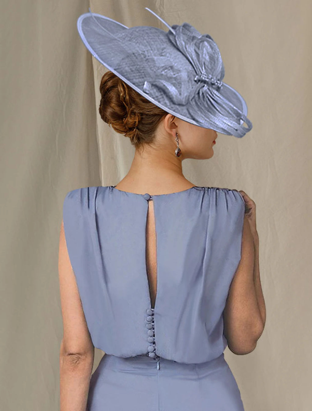Dusty Blue Crepe Sheath/Column Knee-Length Dress with Draped Bodice and Asymmetrical Overlay