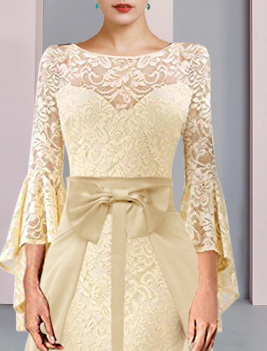 Champagne Lace Chiffon Evening Dress with Bell Sleeves & Boat Neck | Floor-Length Gown