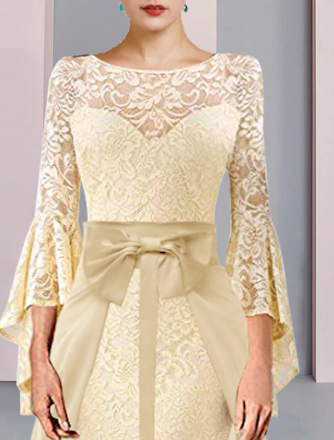 Champagne Lace Chiffon Evening Dress with Bell Sleeves & Boat Neck | Floor-Length Gown