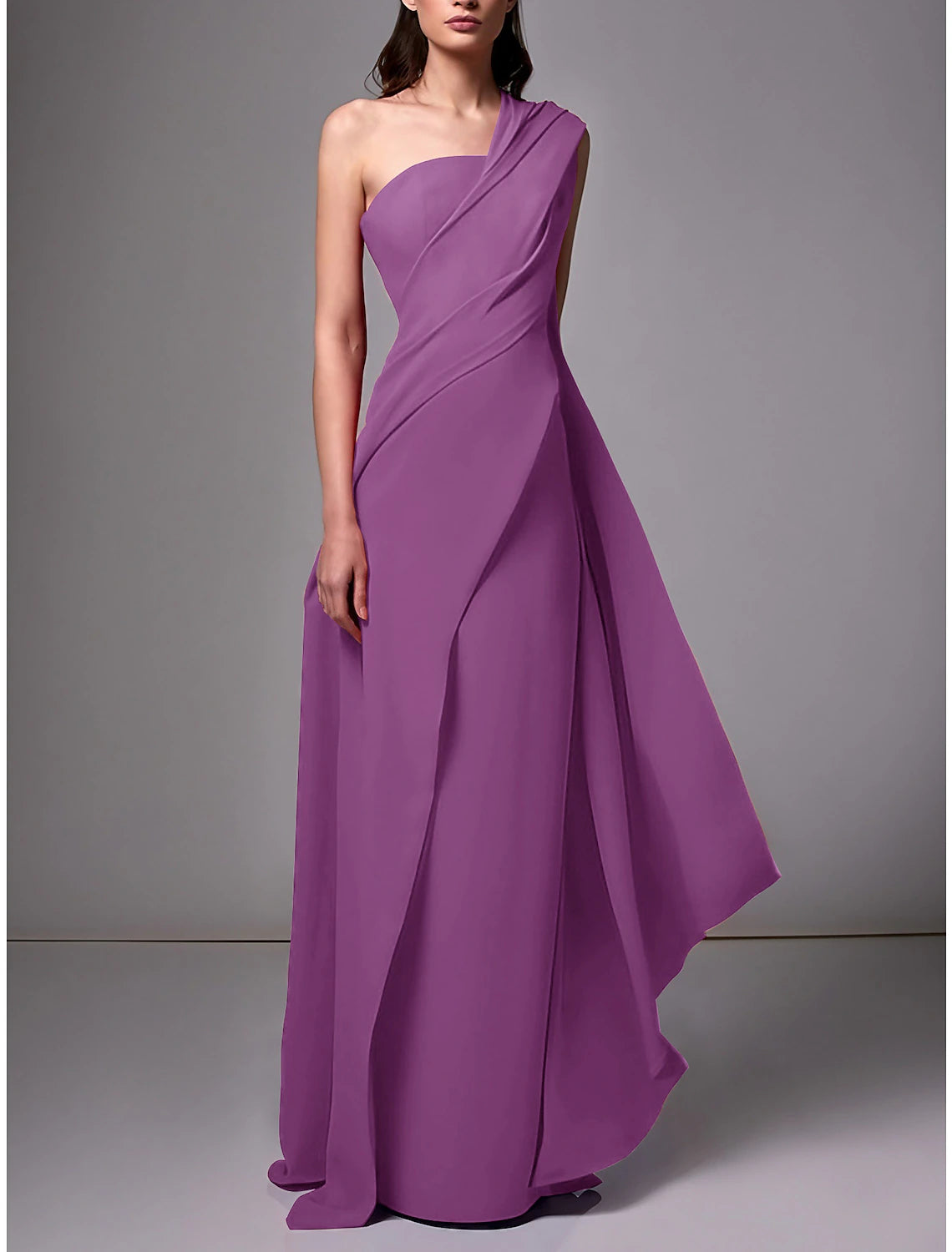 Red Crepe A-Line Floor-Length Evening Dress with One Shoulder Neckline