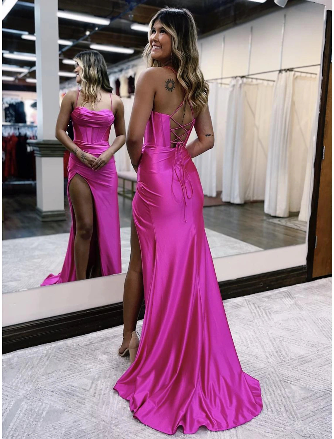Elegant Pink Satin Sheath/column Floor-Length Gown with Sweetheart Neckline, High Slit & Lace-up Back