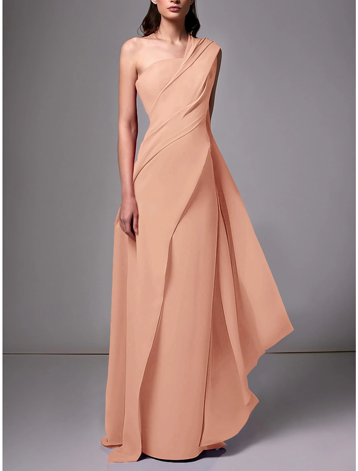 Red Crepe A-Line Floor-Length Evening Dress with One Shoulder Neckline