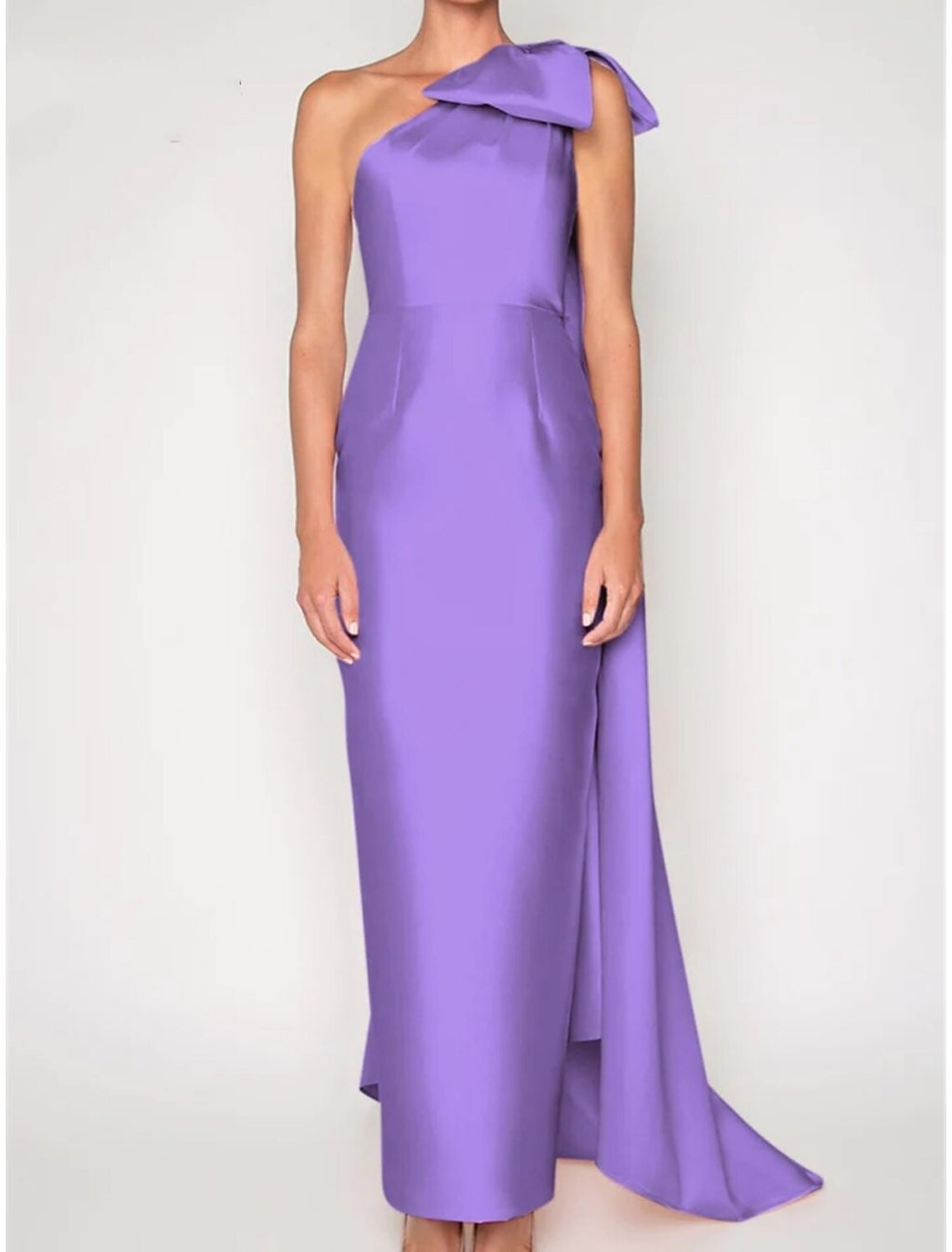 Lavender Satin One Shoulder Floor-Length Evening Dress with Bow Detail